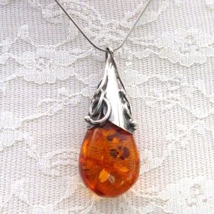 Sterling silver & amber handmade pendant & chain - 1980s vintage - inspirational